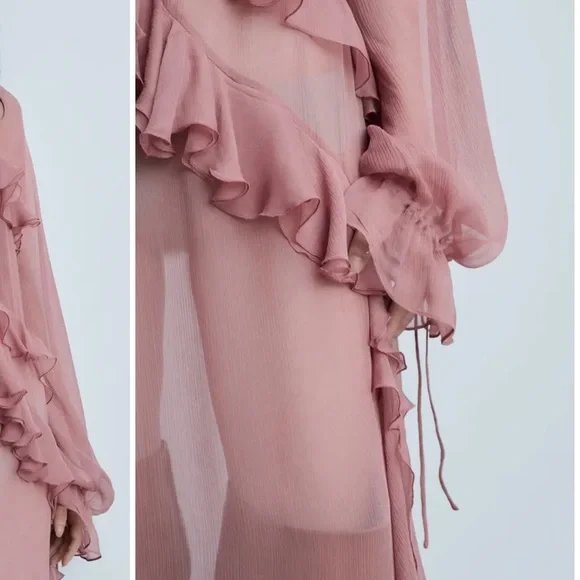 MANGO Boho Sheer Pink Ruffle Dress size 2/XS - Picture 2 of 9